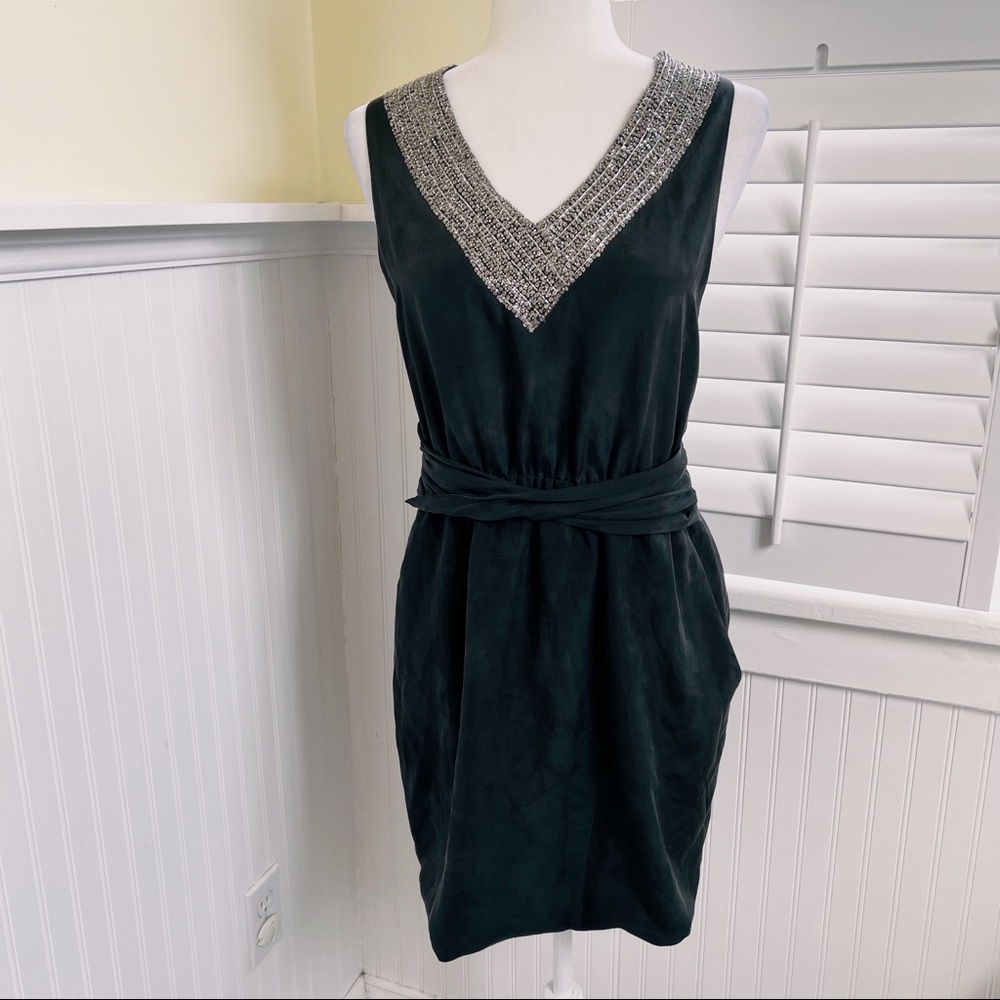 Theory Richiae Dark Charcoal Gray Beaded V-Neck Sleeveless Silk Mini Dress